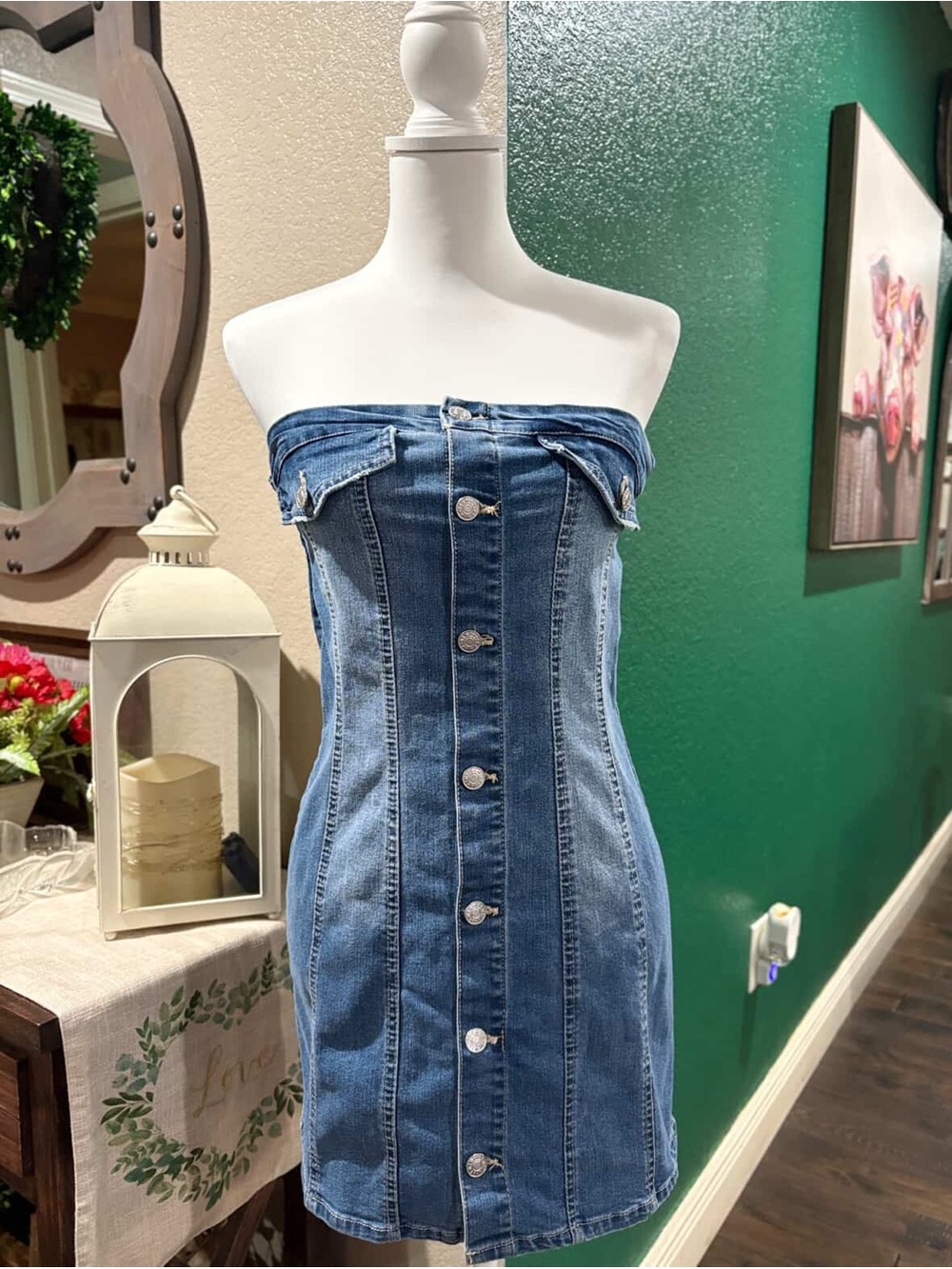 Denim Button-Front Strapless Mini Dress